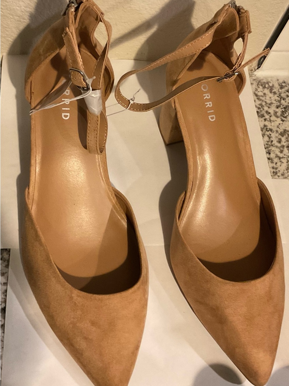 torrid Tan Suede Pointed Toe Block Heel Ankle Strap Pumps